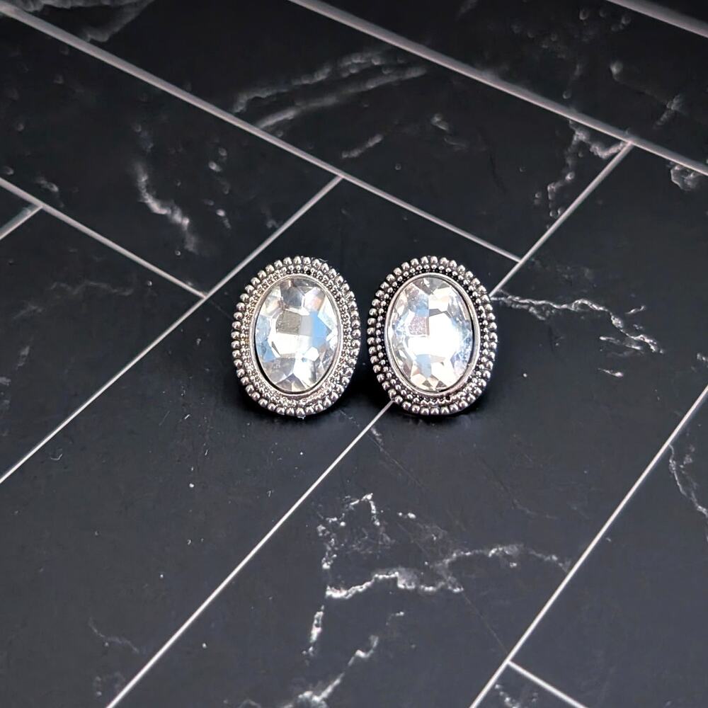 Vintage Stud Earrings Clear Gem Oval with Silver Tone Halo - Picture 7 of 7